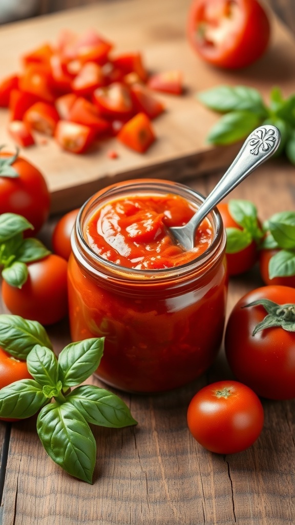 A jar of homemade tomato paste with fresh tomatoes and basil on a wooden table.